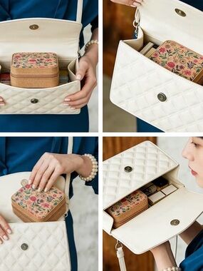 Cork Floral Mini Jewelry Travel Case with Organized Compartments New
